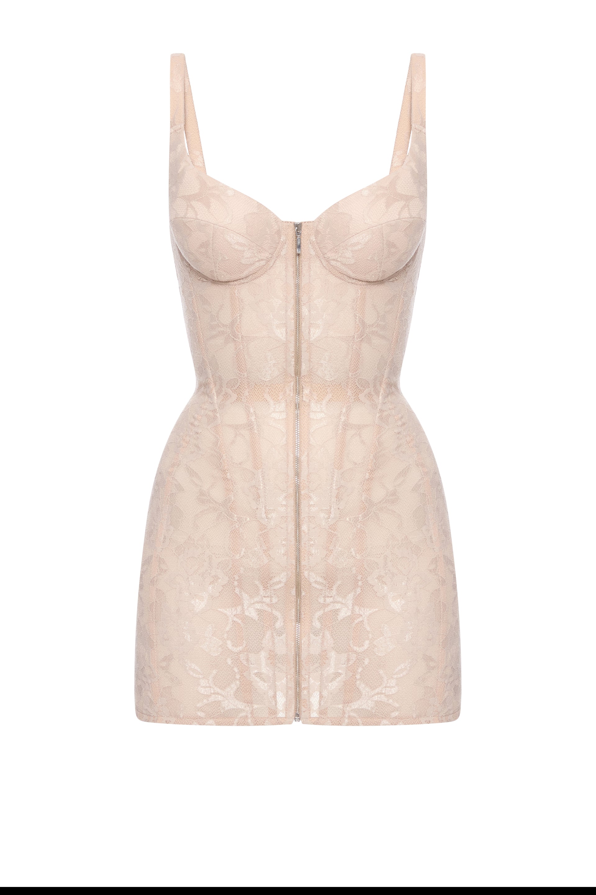 Defiance drop. A beige lace dress with fixed straps and a zipper