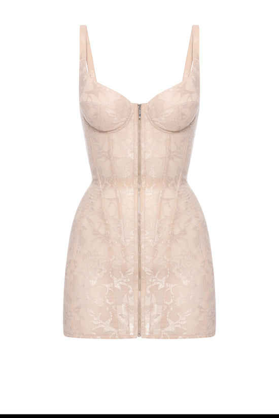 Defiance drop. A beige lace dress with fixed straps and a zipper