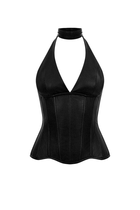 Reverie drop. Cadence reptile-effect vegan leather corset