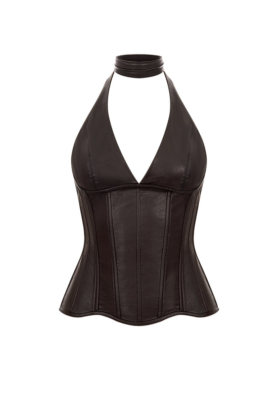 Reverie drop. Cadence brown vegan leather corset