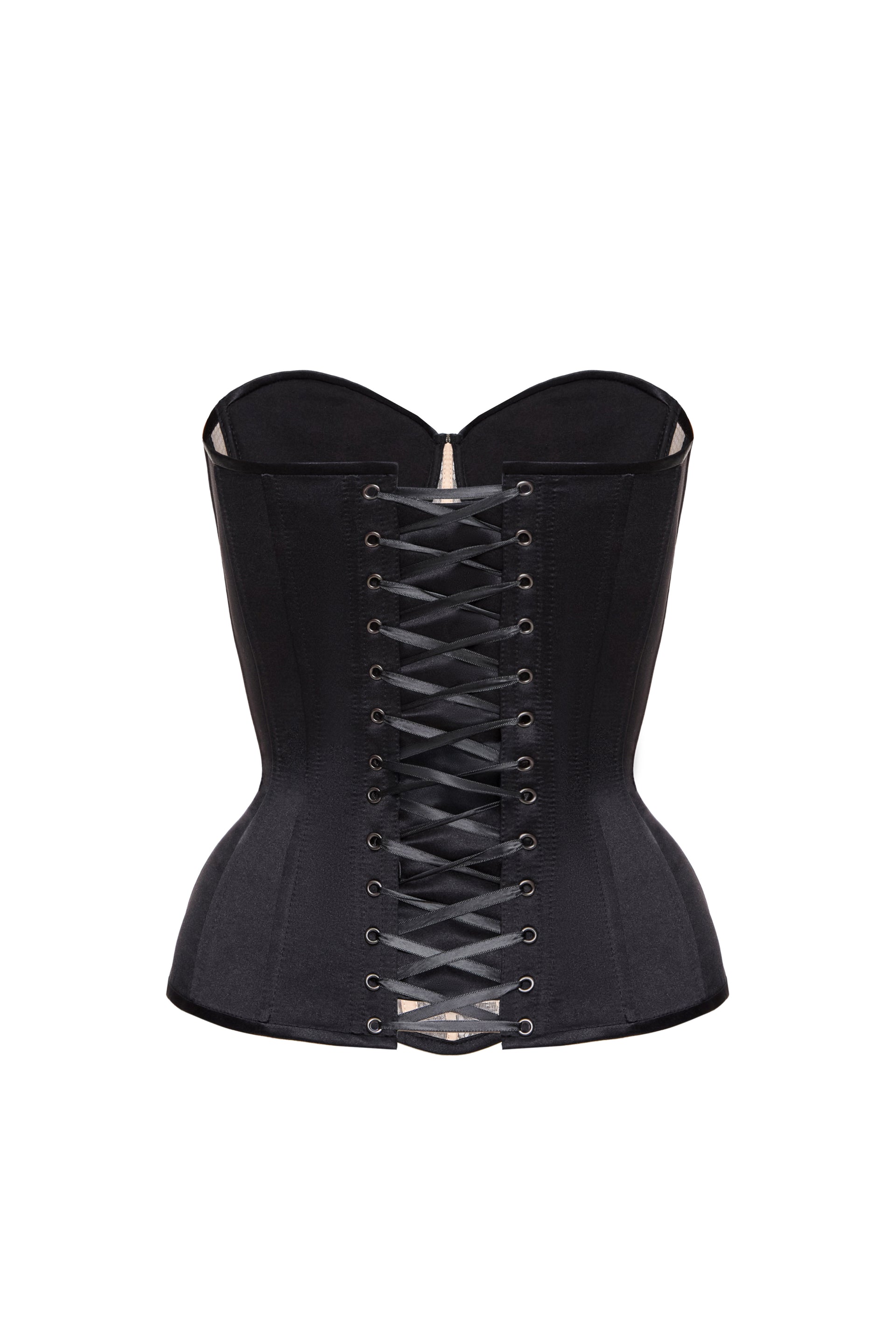 Defiance drop. A black corset with a lace front on a beige base