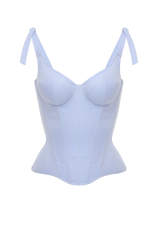 Bittersweet drop.  Light blue cotton corset with fixed straps