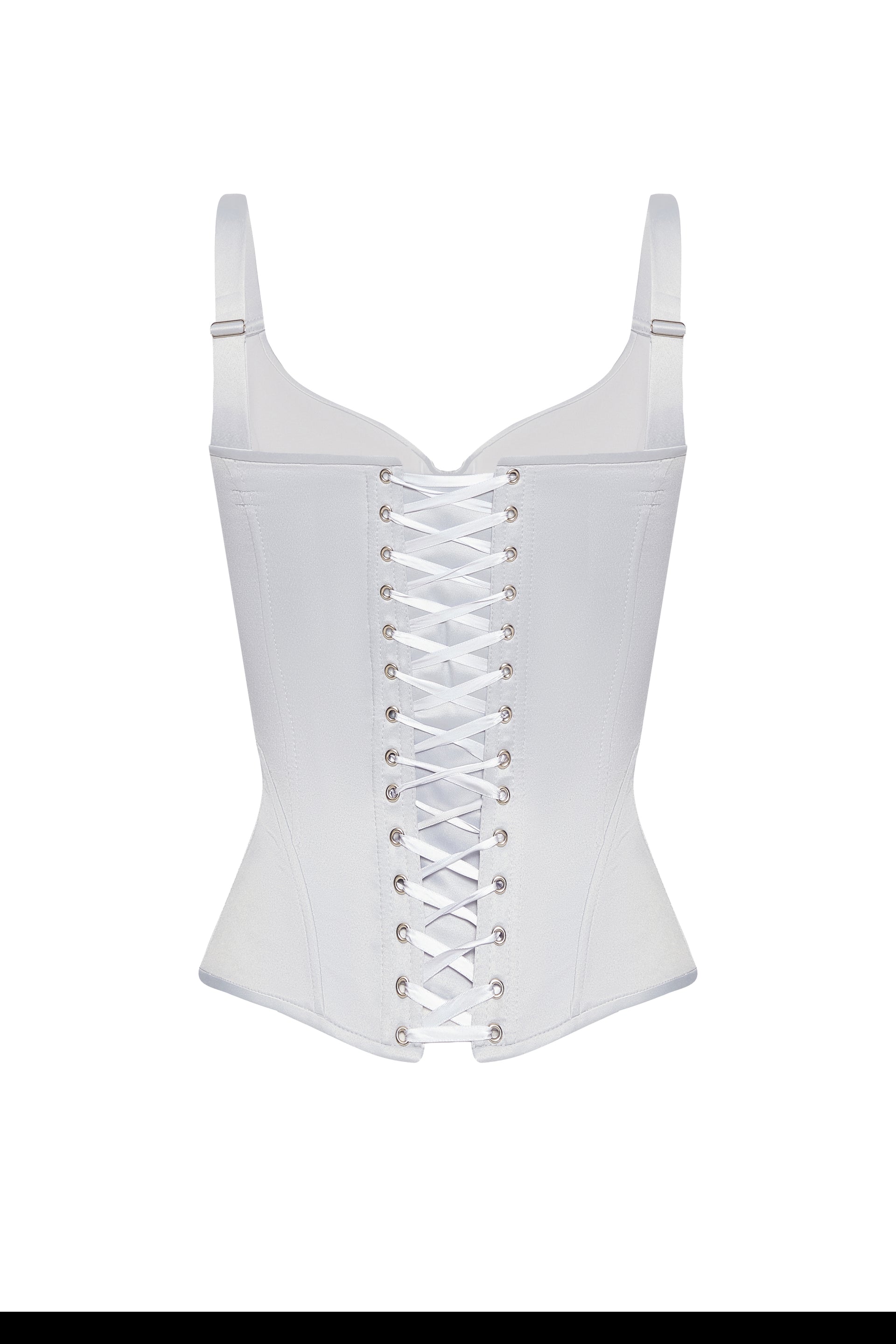 Defiance drop. A light grey corset with fixed straps