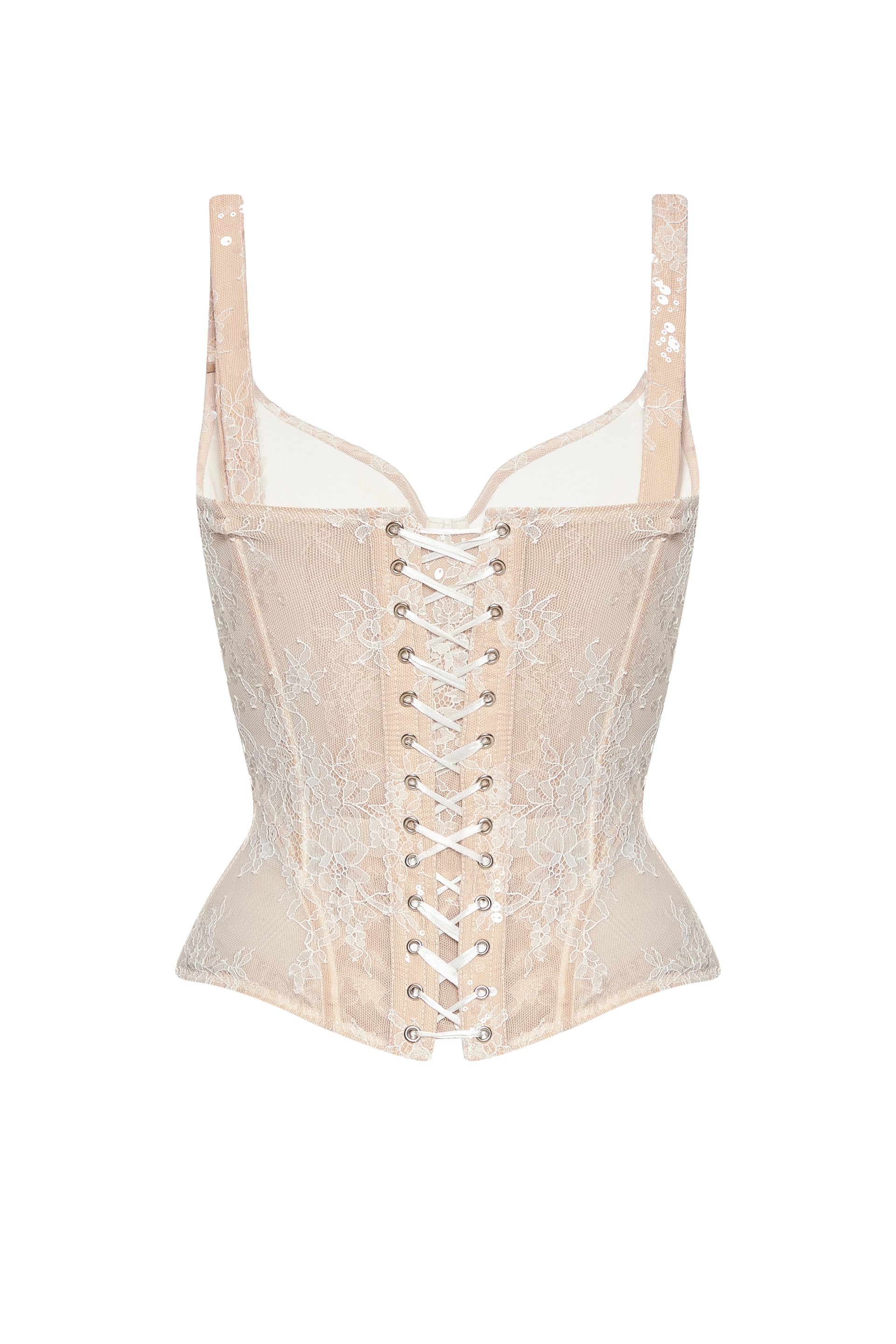 Defiance drop. A white lace corset with sequins and fixed straps.