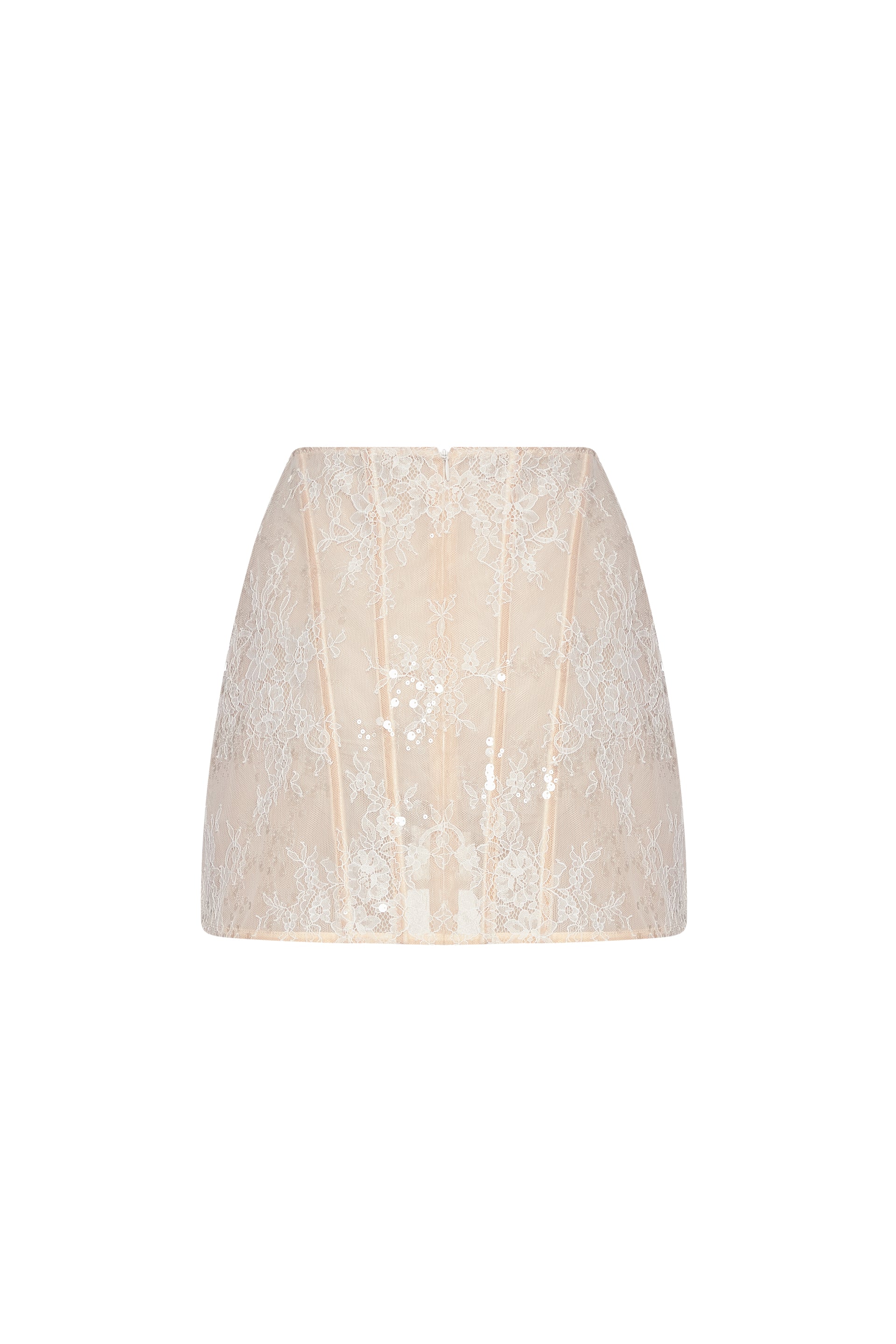 Defiance drop. A beige lace skirt with sequins
