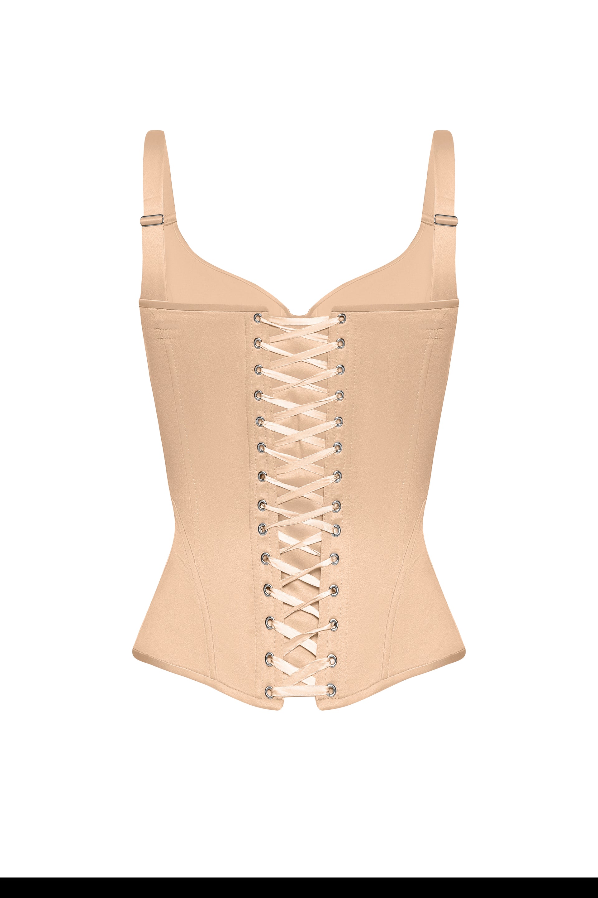 Defiance drop. A beige corset with fixed straps