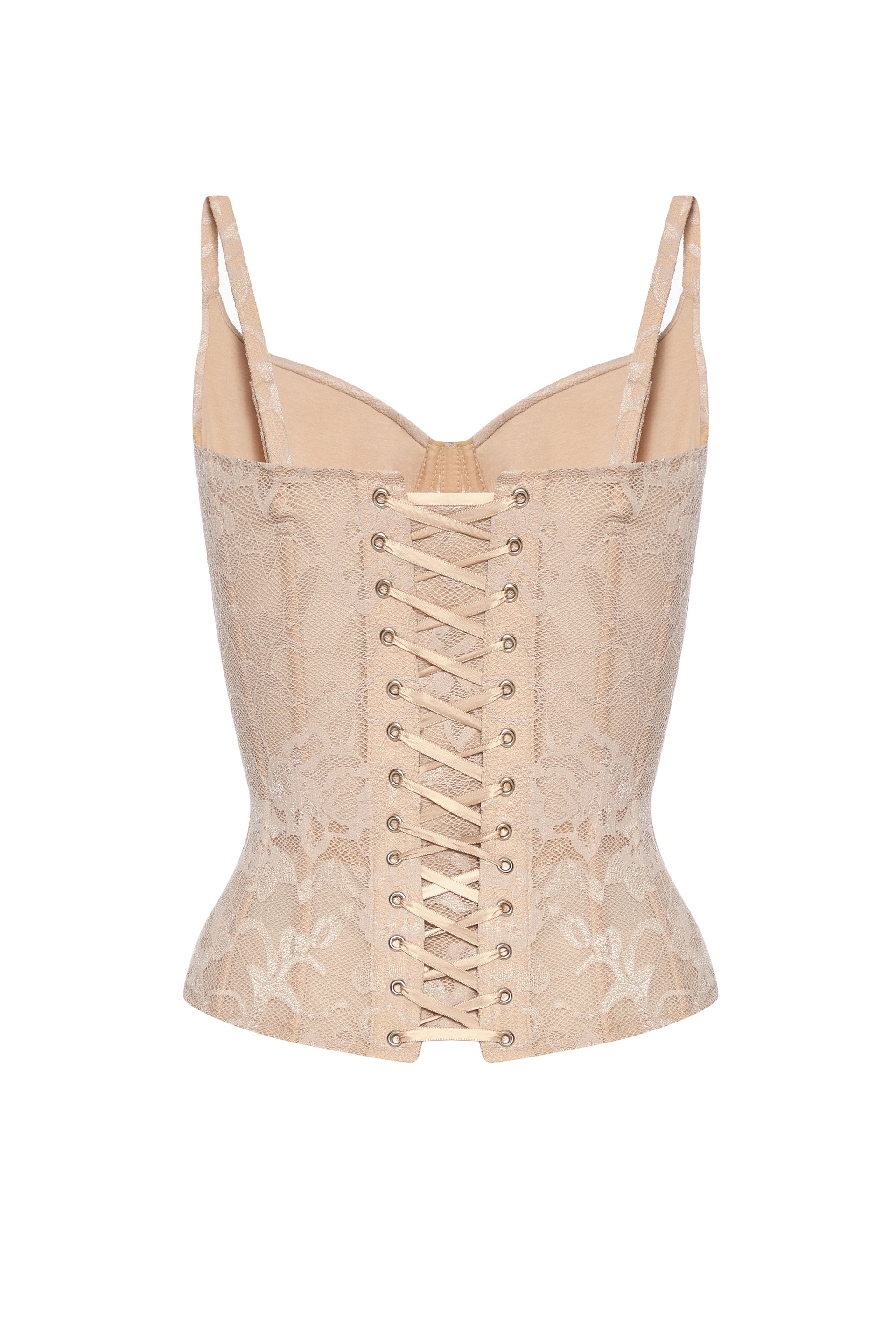 Defiance drop. A beige lace corset with fixed straps
