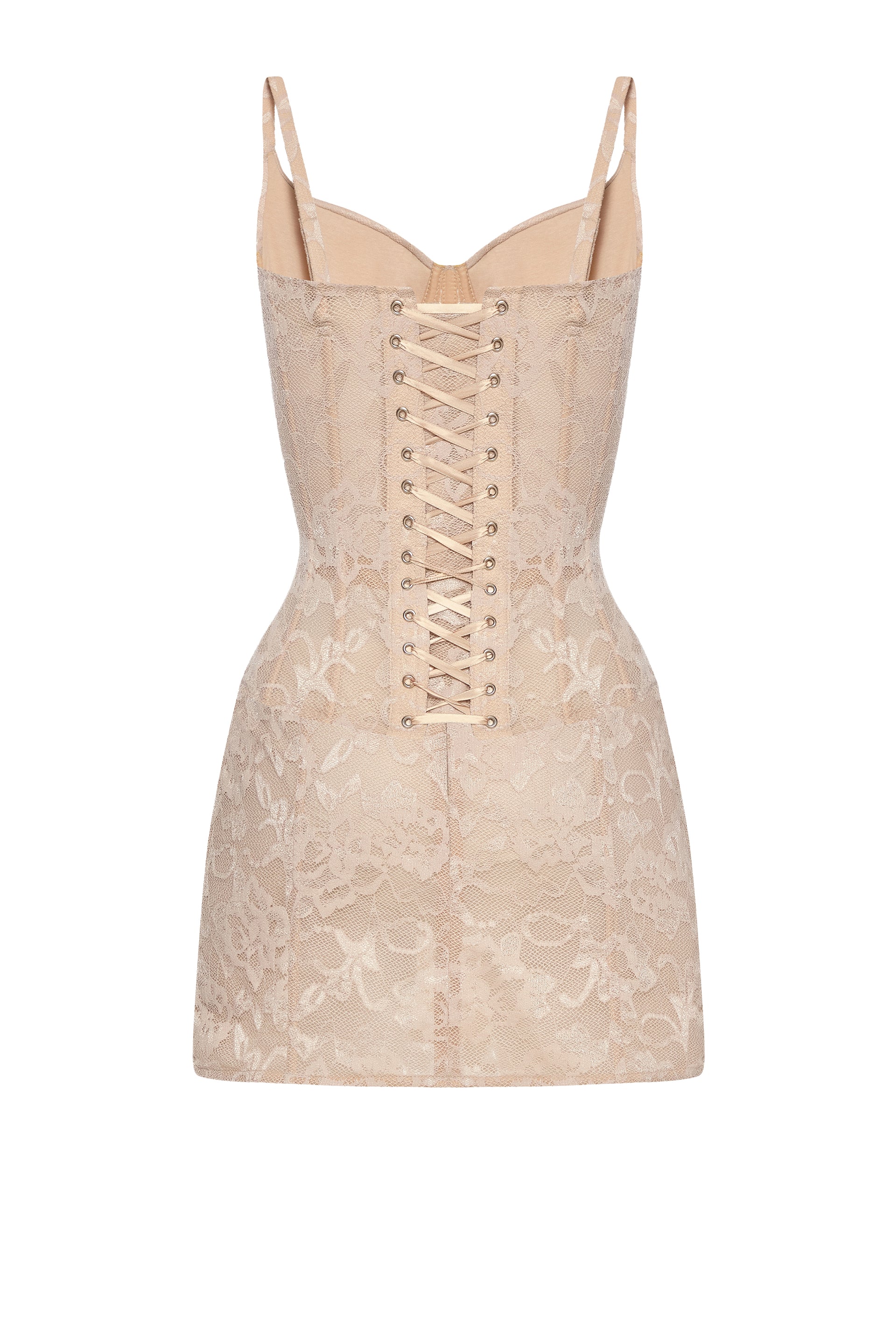 Defiance drop. A beige lace dress with fixed straps and a zipper