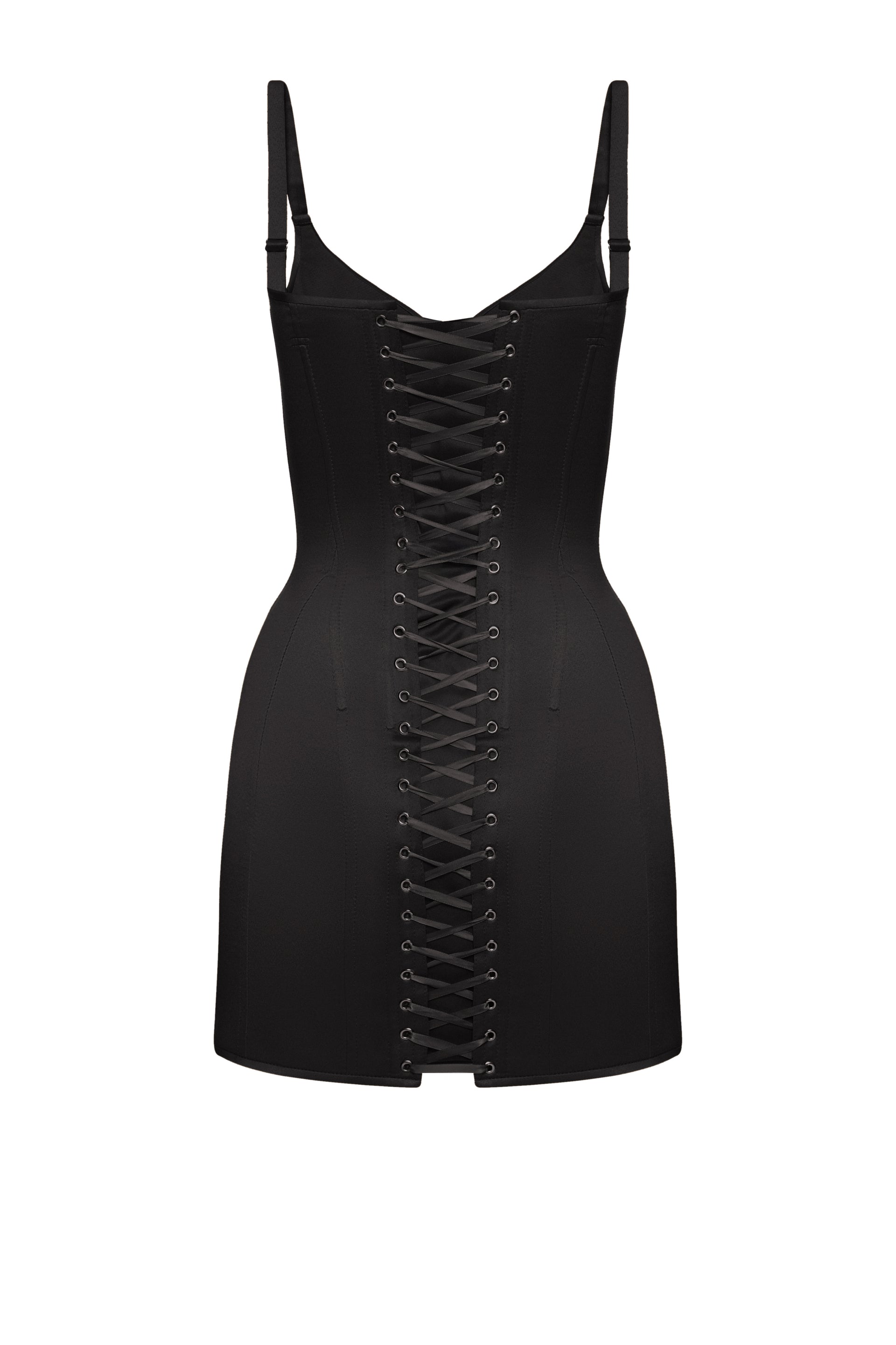 Defiance drop. A black dress with fixed straps and a zipper