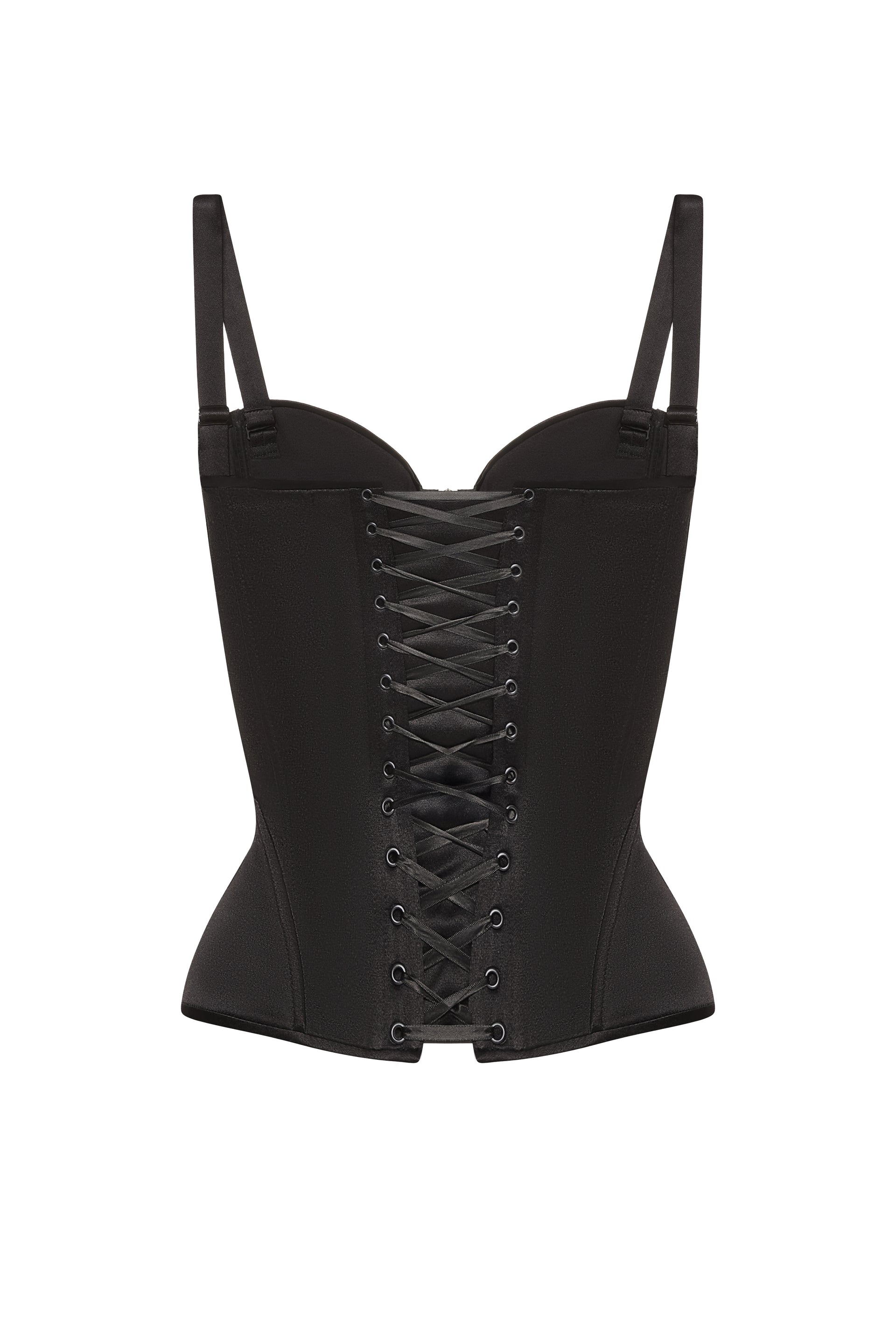 Defiance drop. A black corset with removable straps and a zipper