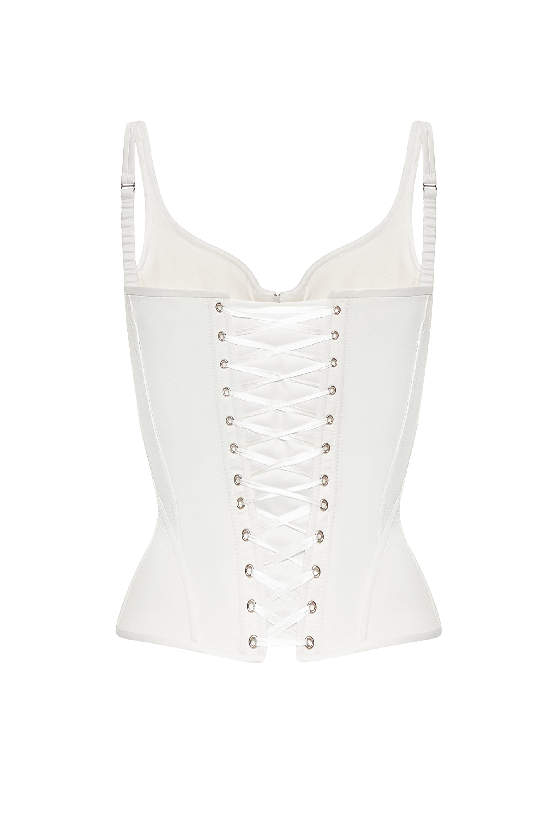 Defiance drop. An off-white corset with fixed straps and a zipper