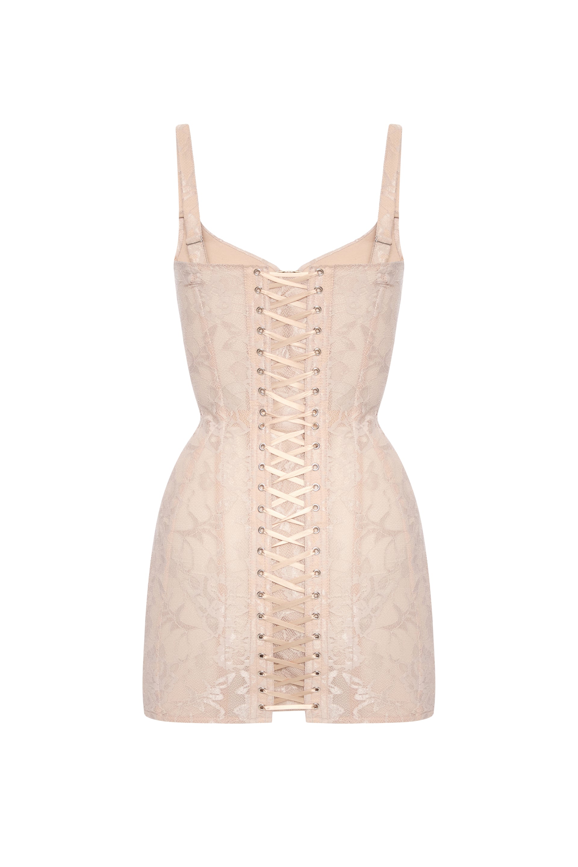 Defiance drop. A beige lace dress with fixed straps and a zipper