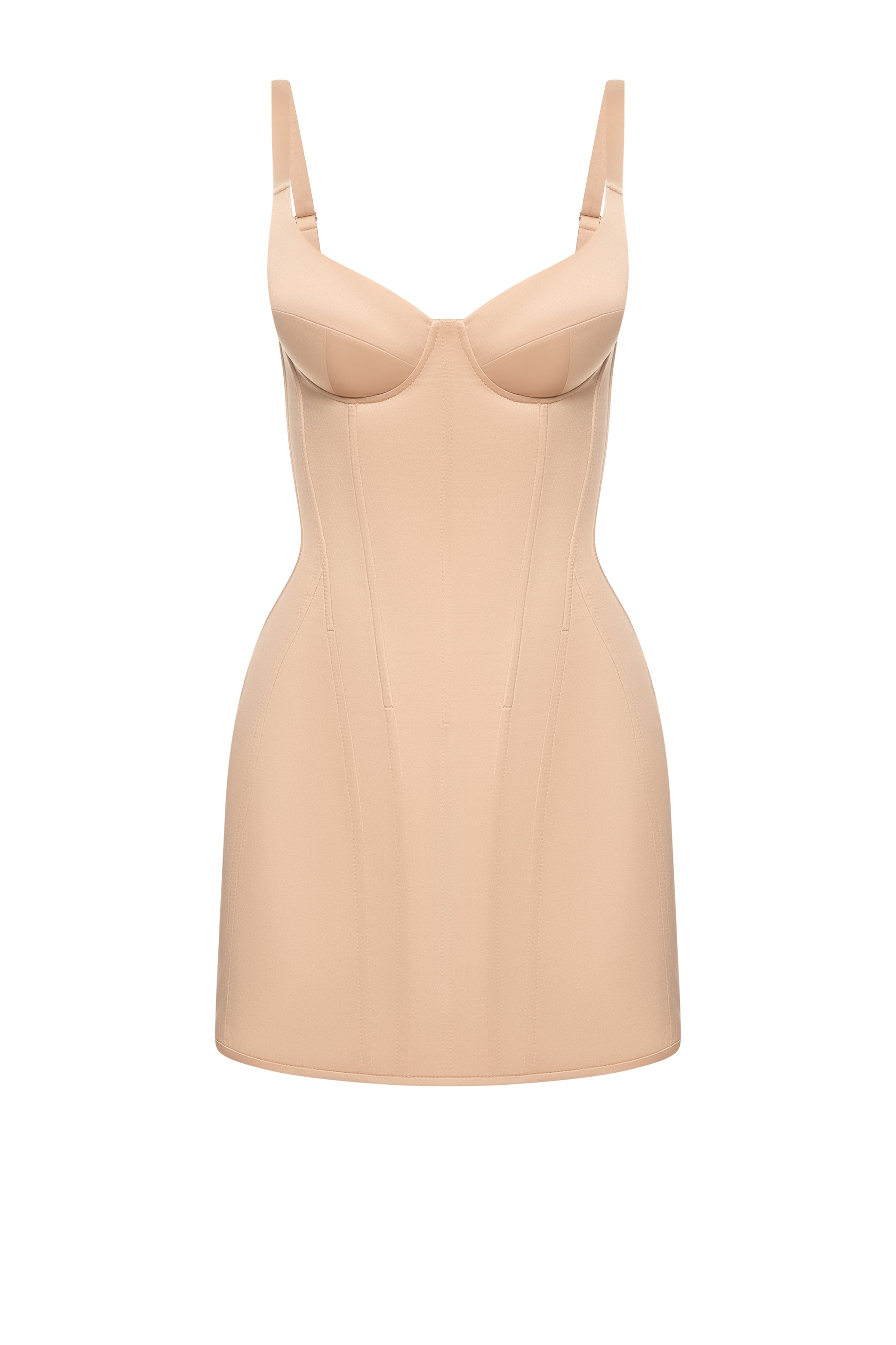 Defiance drop. A beige dress with fixed straps