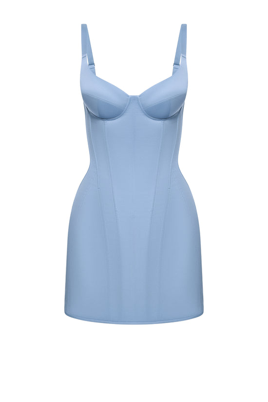 Defiance drop. A blue dress with fixed straps