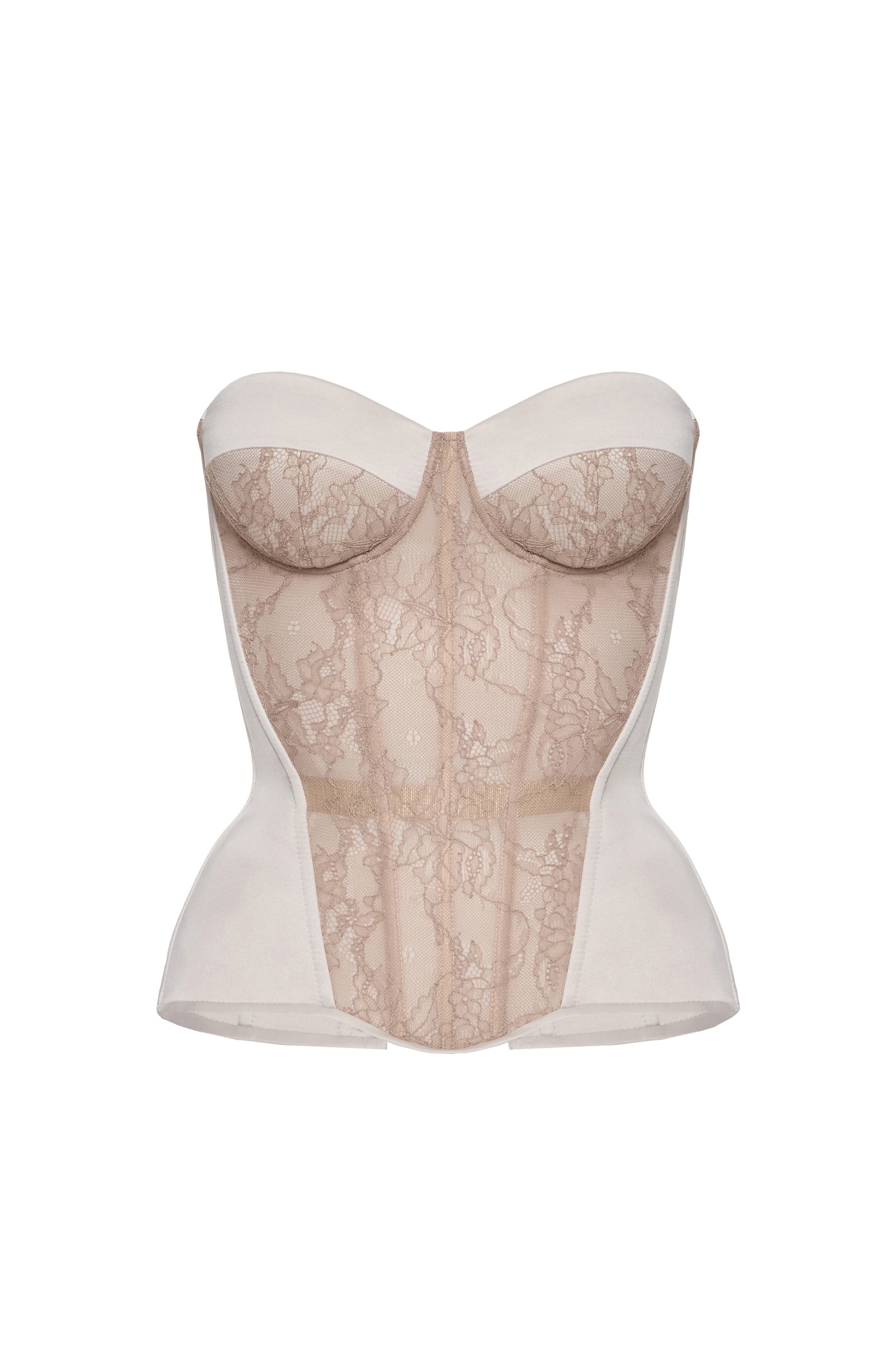 Defiance drop. A beige corset with a lace front