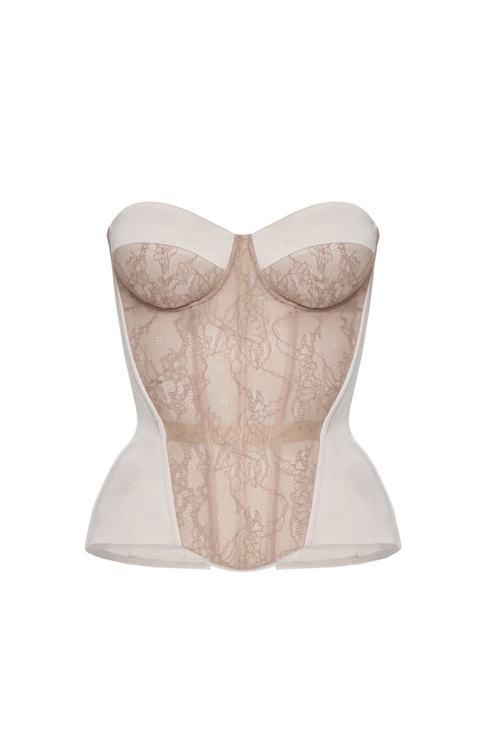 Defiance drop. A beige corset with a lace front