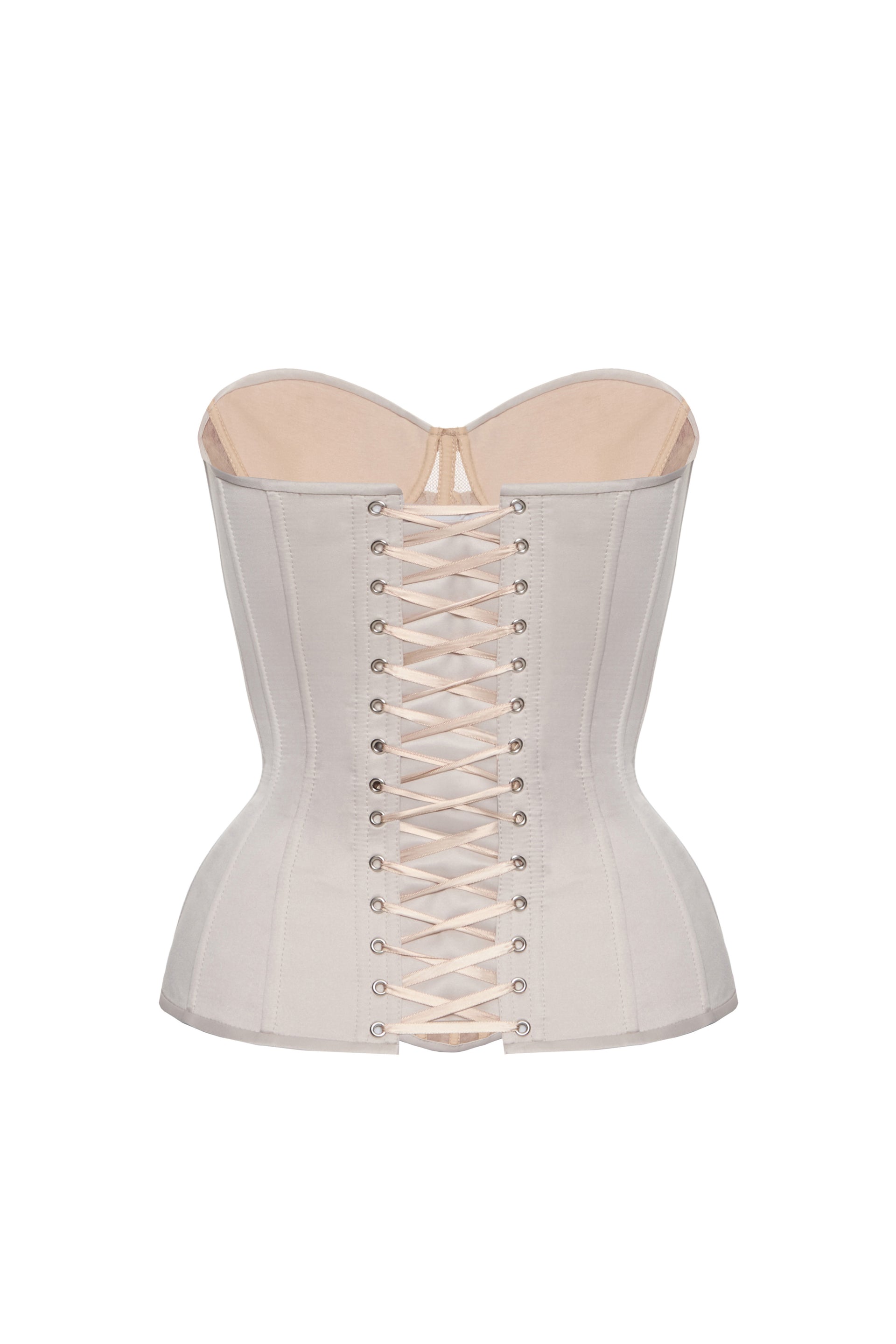 Defiance drop. A beige corset with a lace front