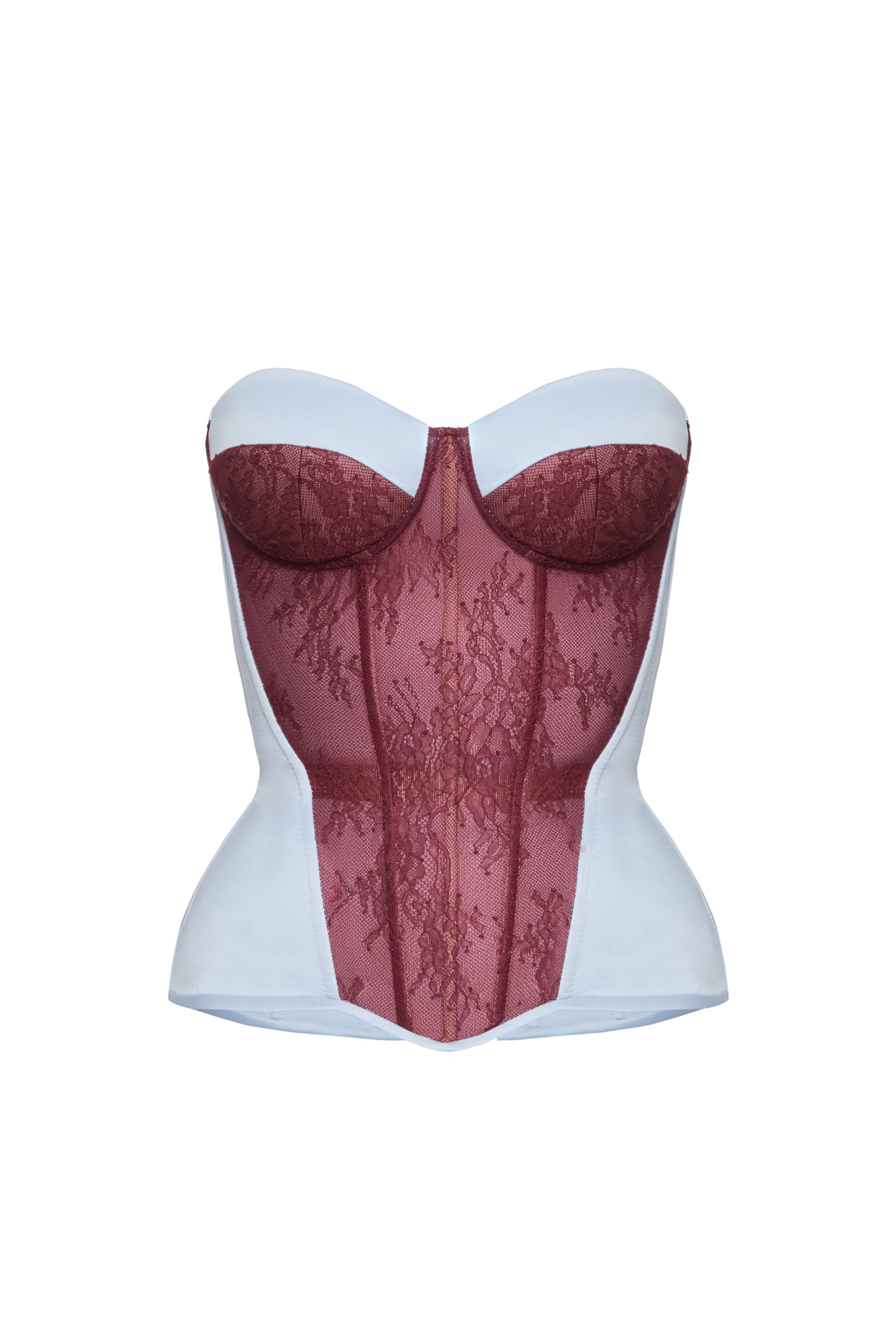 Defiance drop. A light blue corset with a burgundy lace front