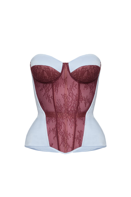Defiance drop. A light blue corset with a burgundy lace front
