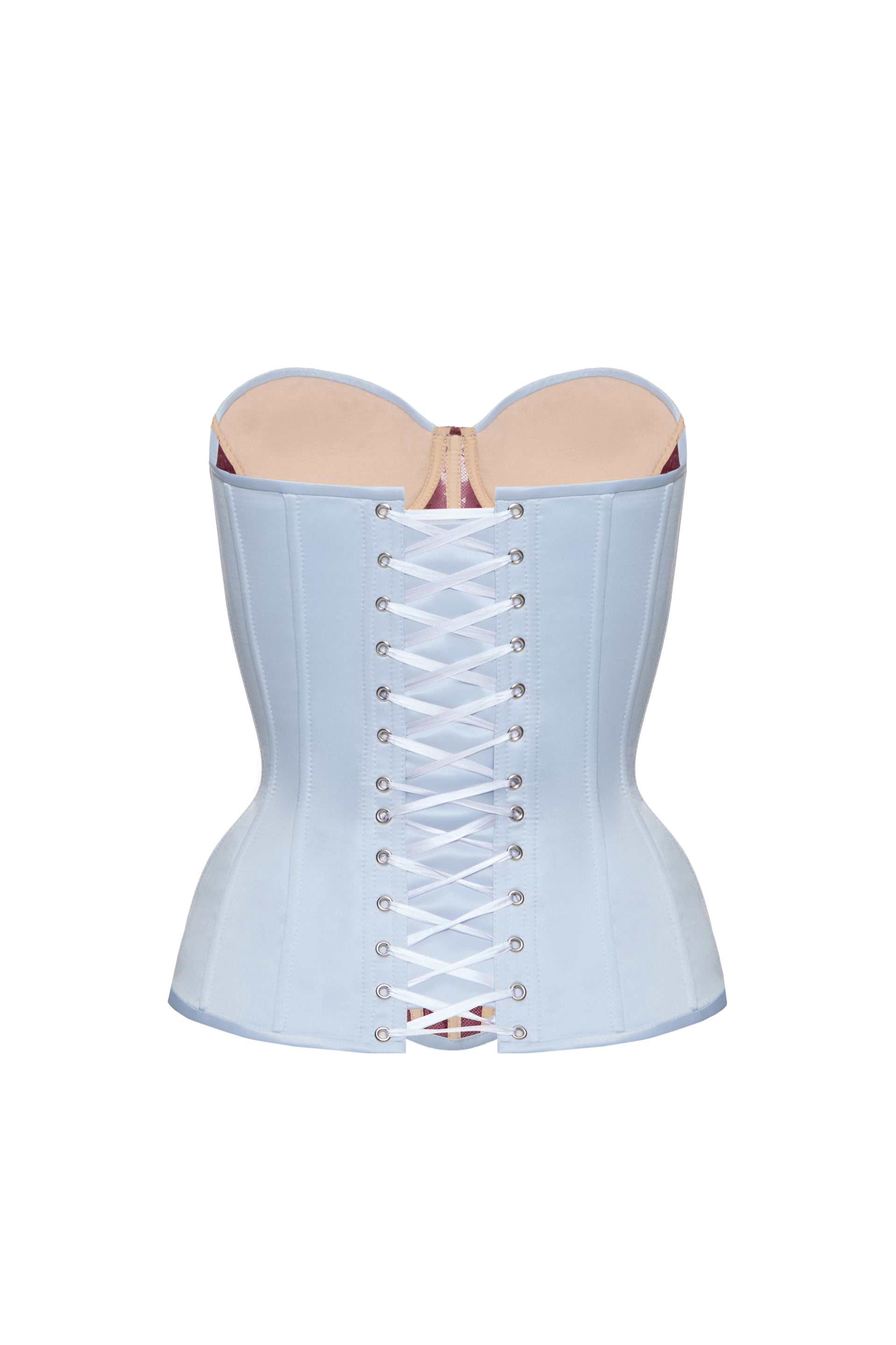 Defiance drop. A light blue corset with a burgundy lace front