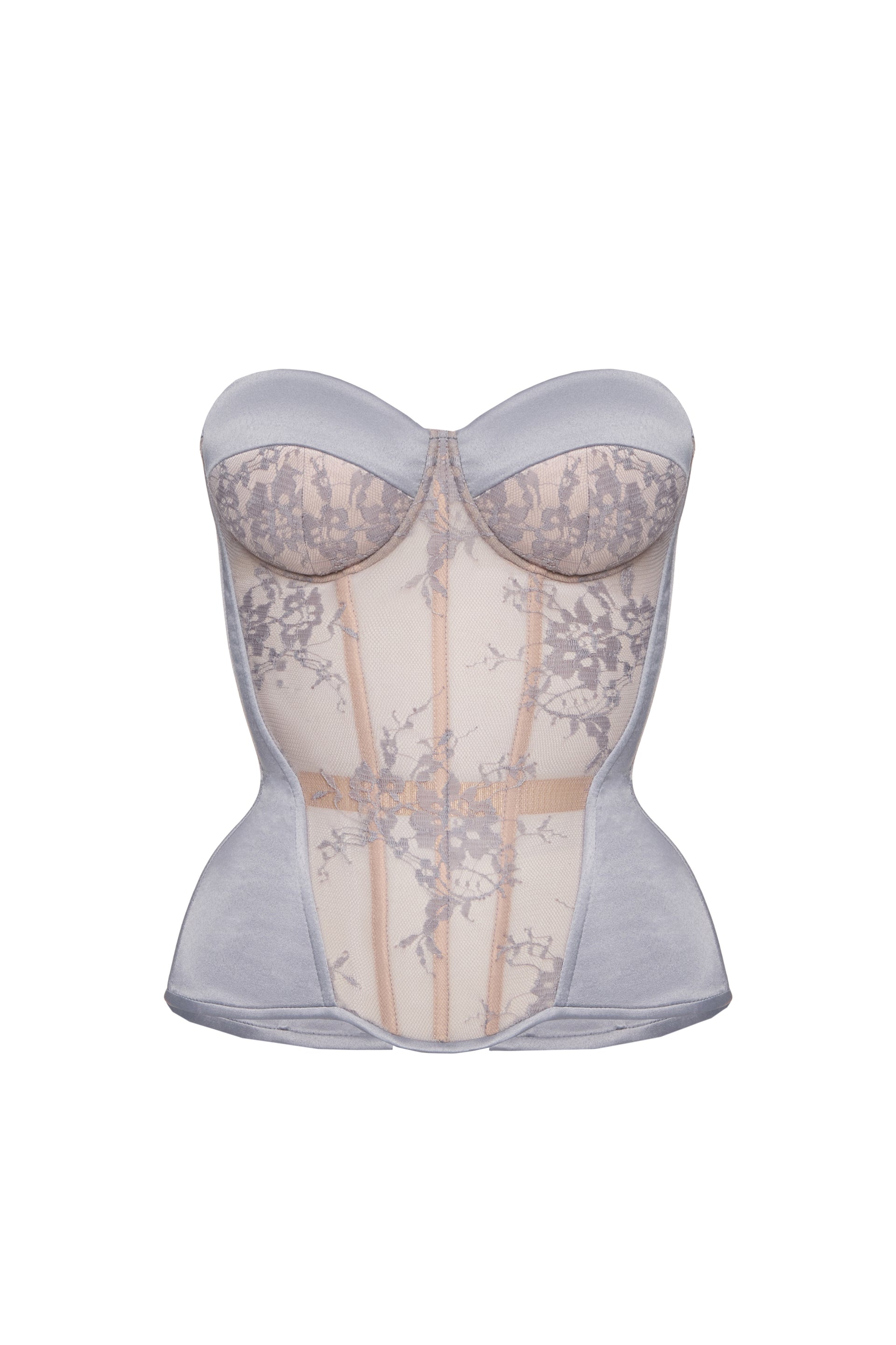 Defiance drop. A grey corset with a lace front