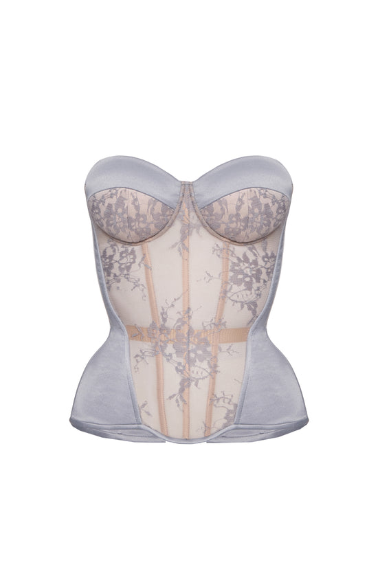 Defiance drop. A grey corset with a lace front