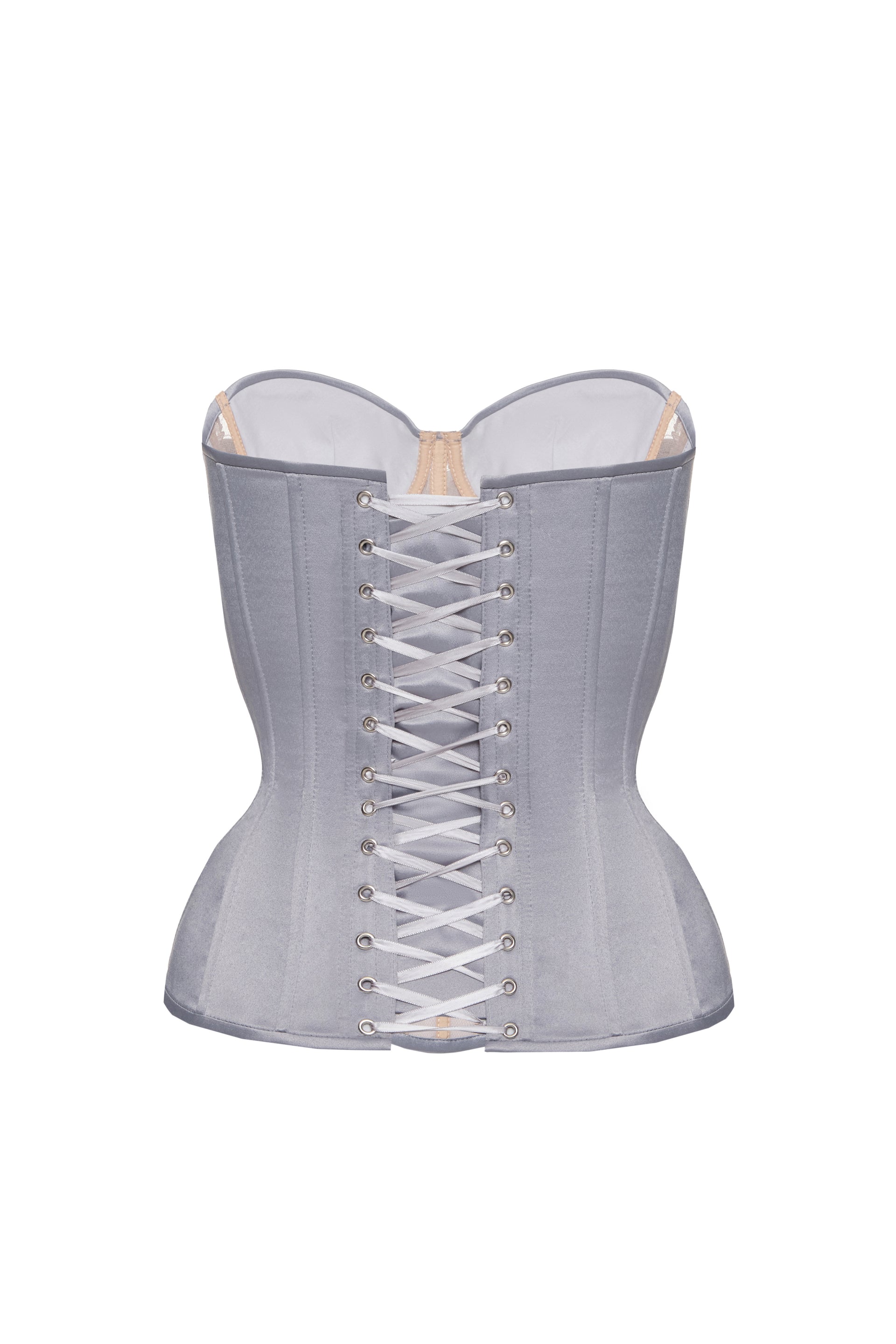 Defiance drop. A grey corset with a lace front