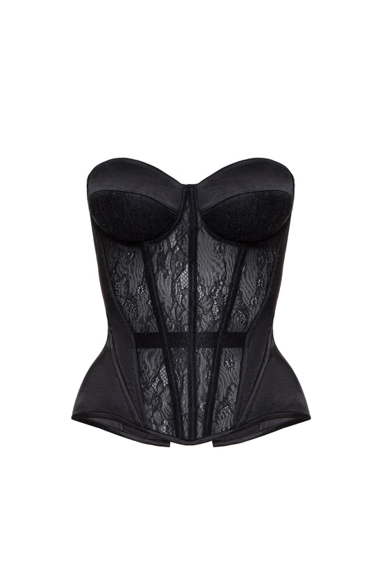 Defiance drop. A black corset with a lace front