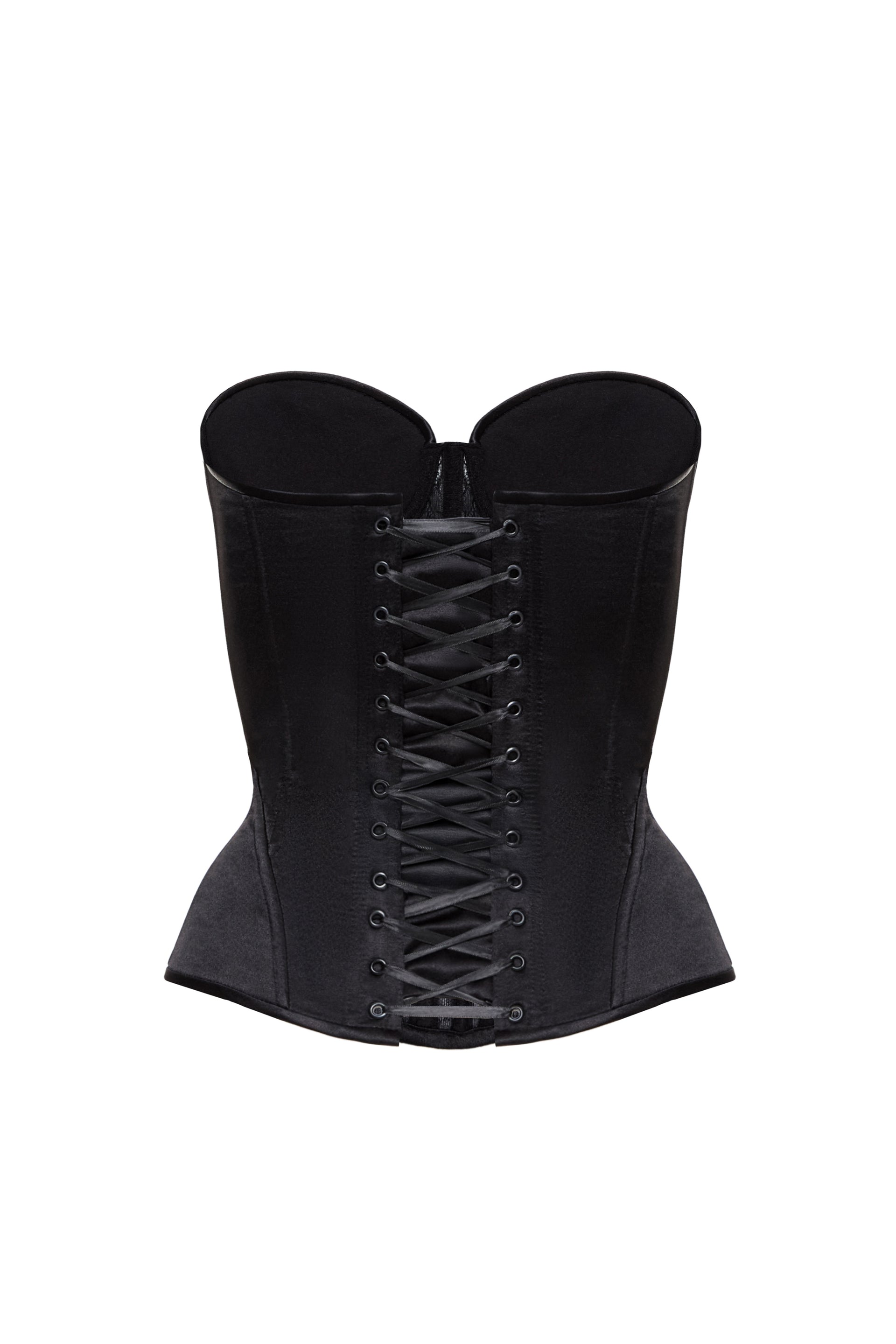 Defiance drop. A black corset with a lace front