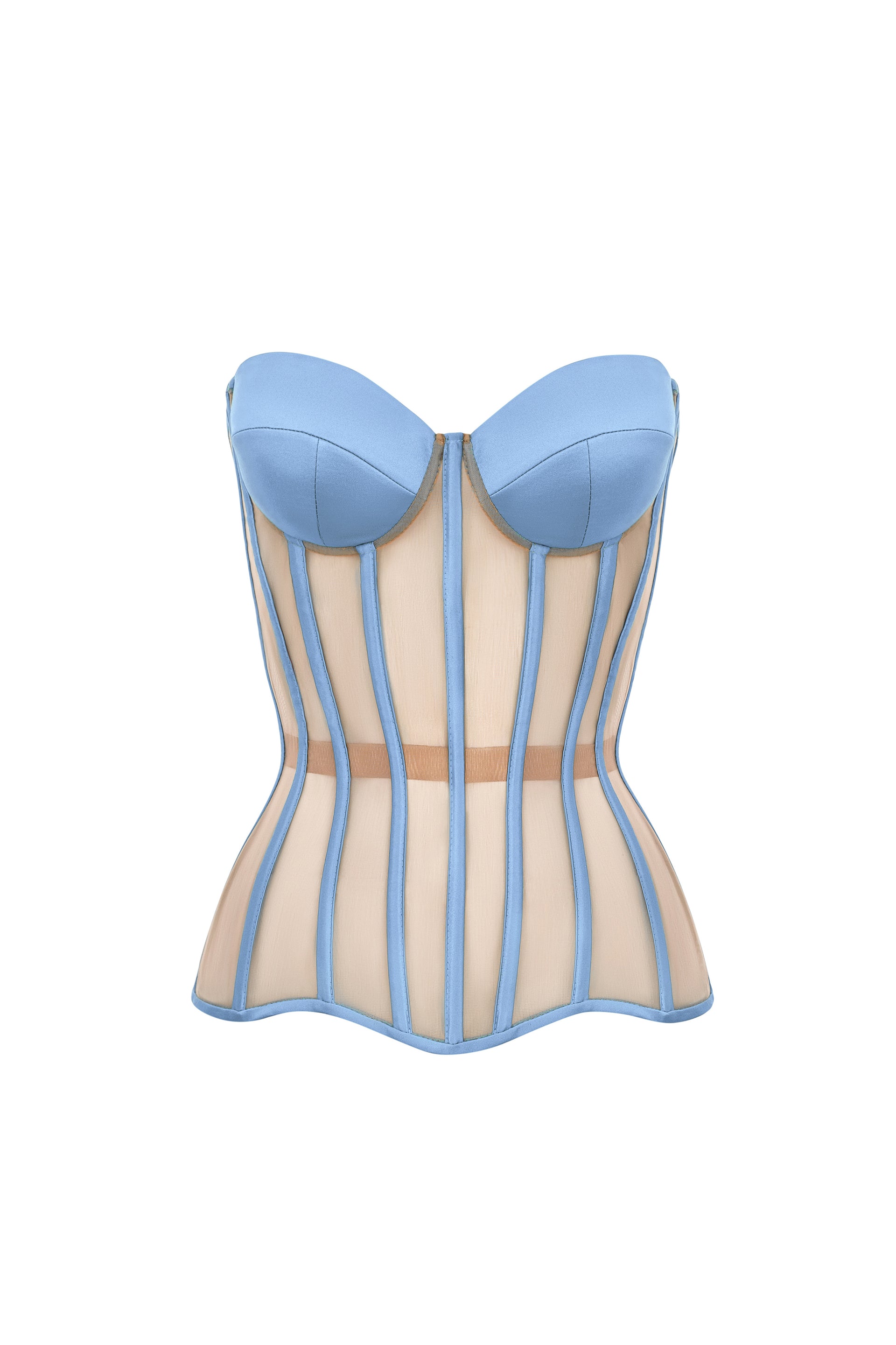 Jeans blue corset with reliefs and satin cups