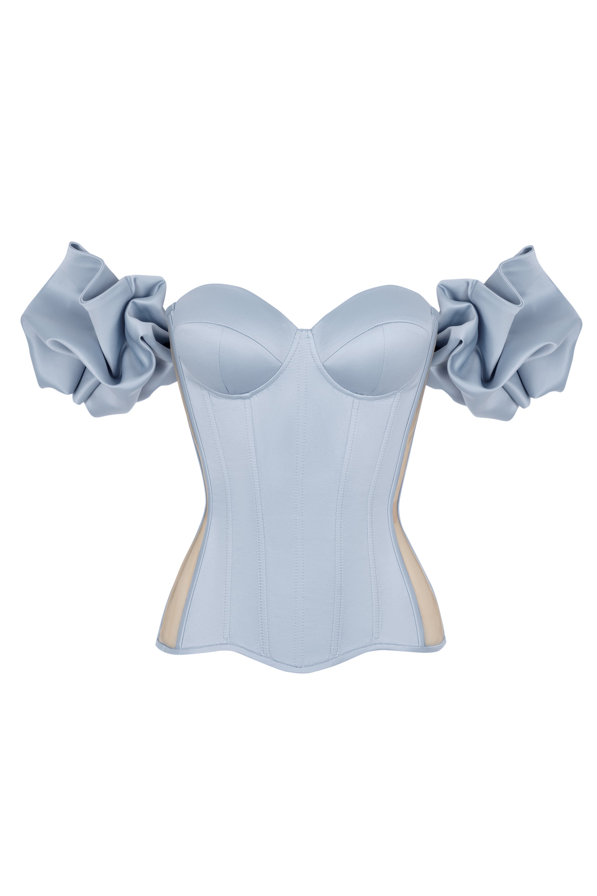 Light blue satin corset with transparent back and detachable sleeves