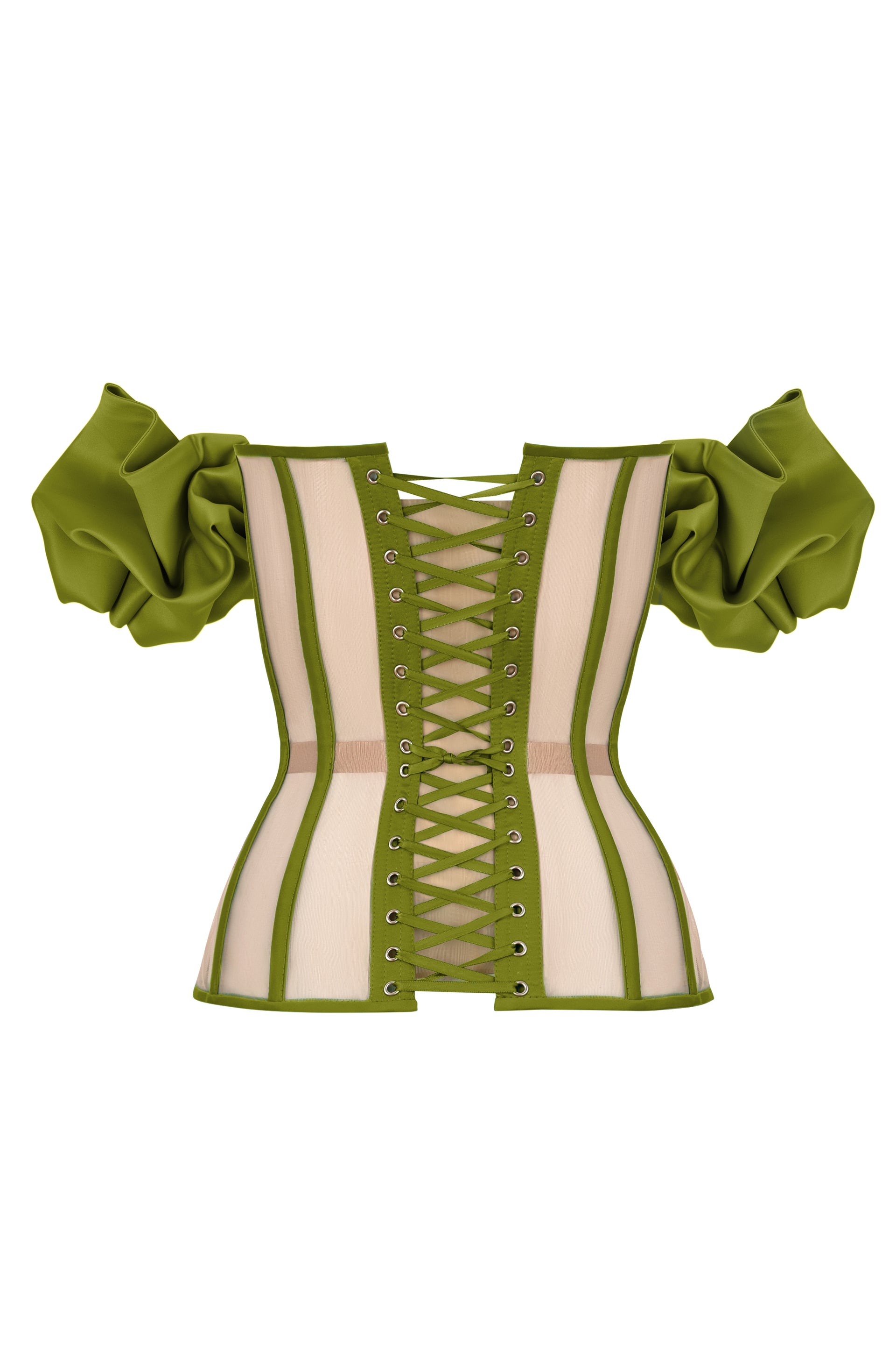 Olive satin corset with transparent back and detachable sleeves