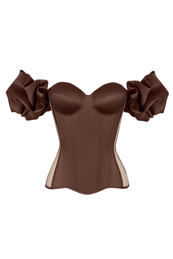 Brown satin corset with transparent back and detachable sleeves