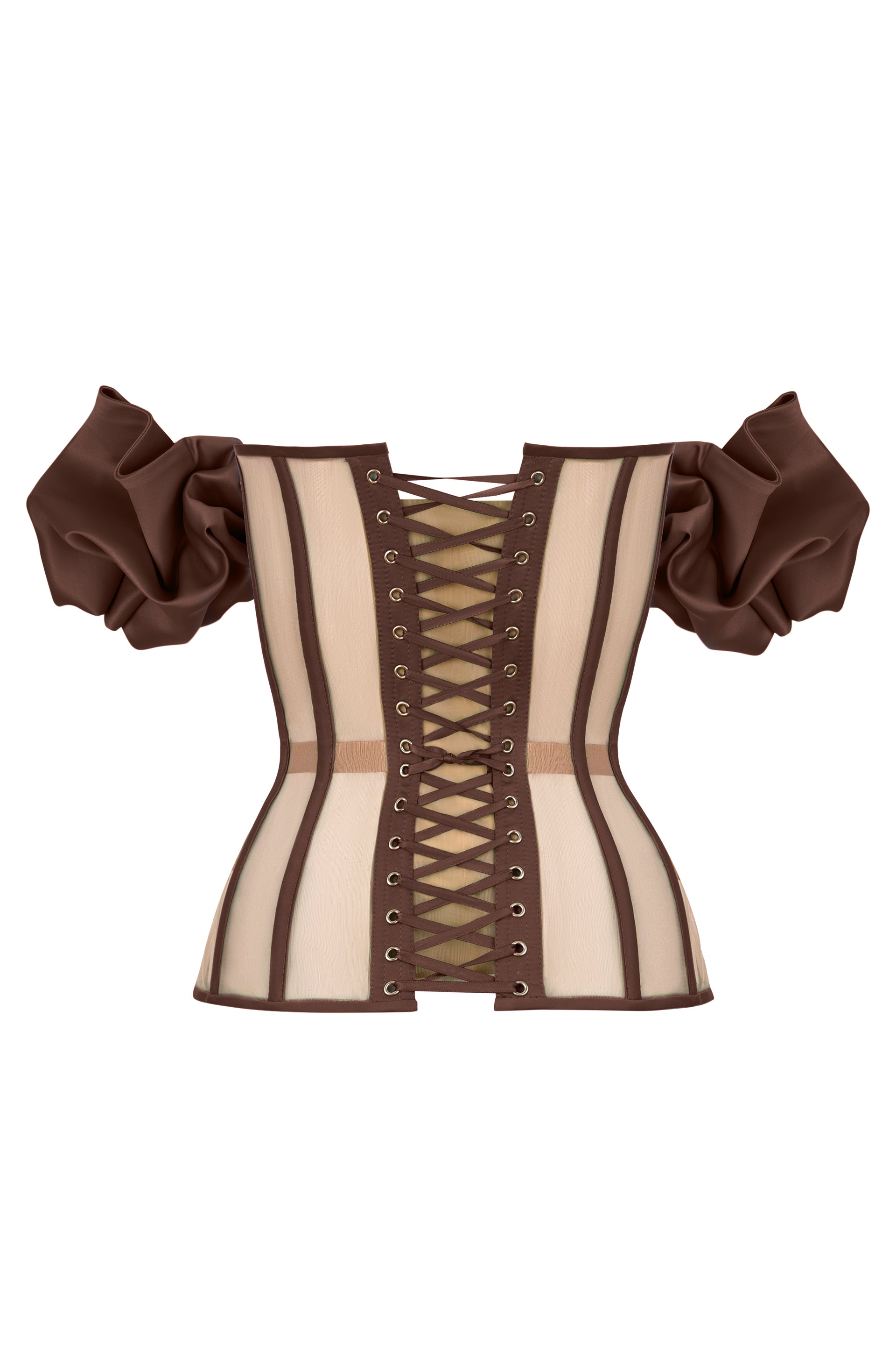 STATNAIA l Brown satin corset with with transparent back and detachable  sleeves