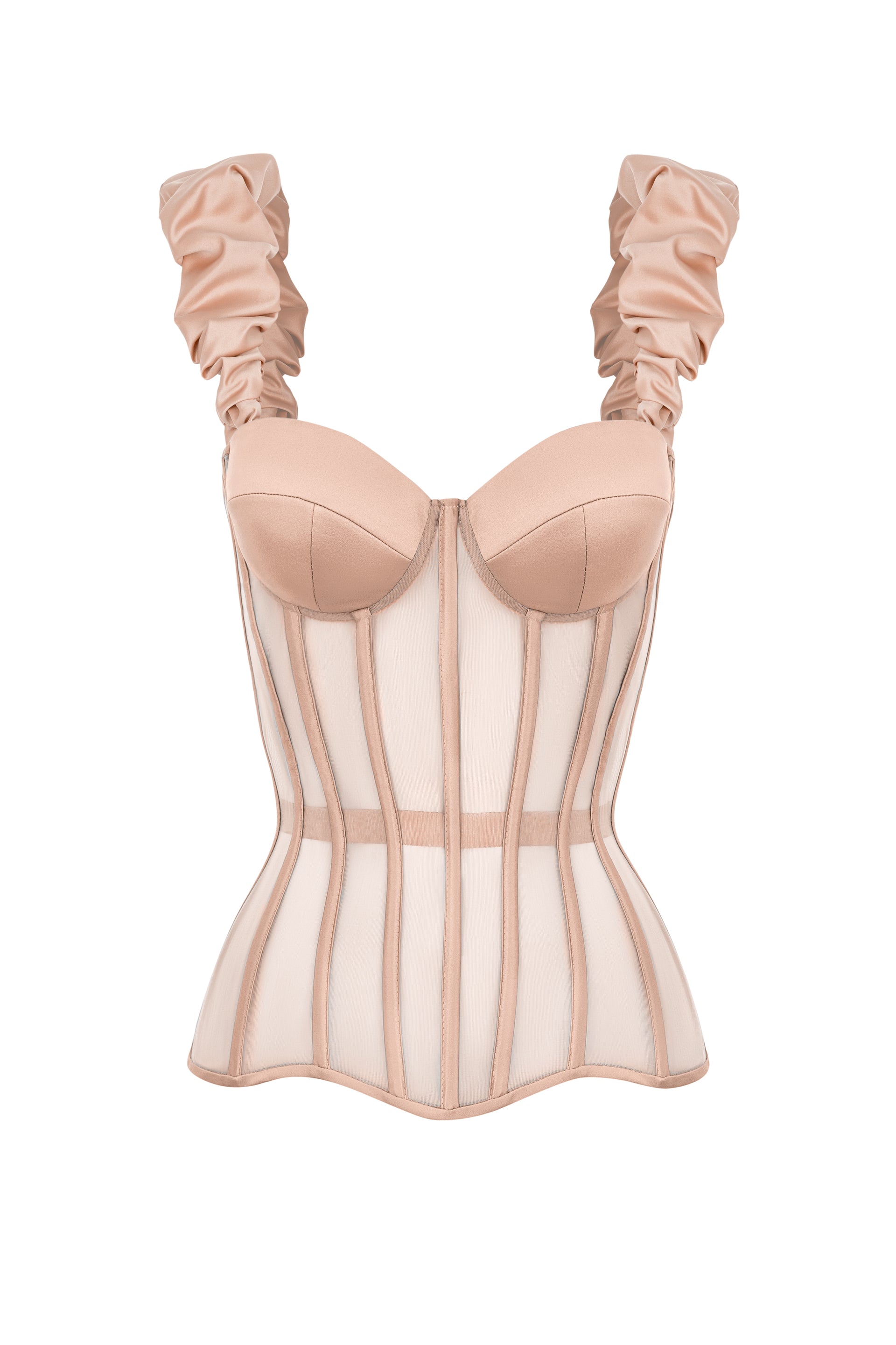 Beige satin corset with reliefs and detachable straps