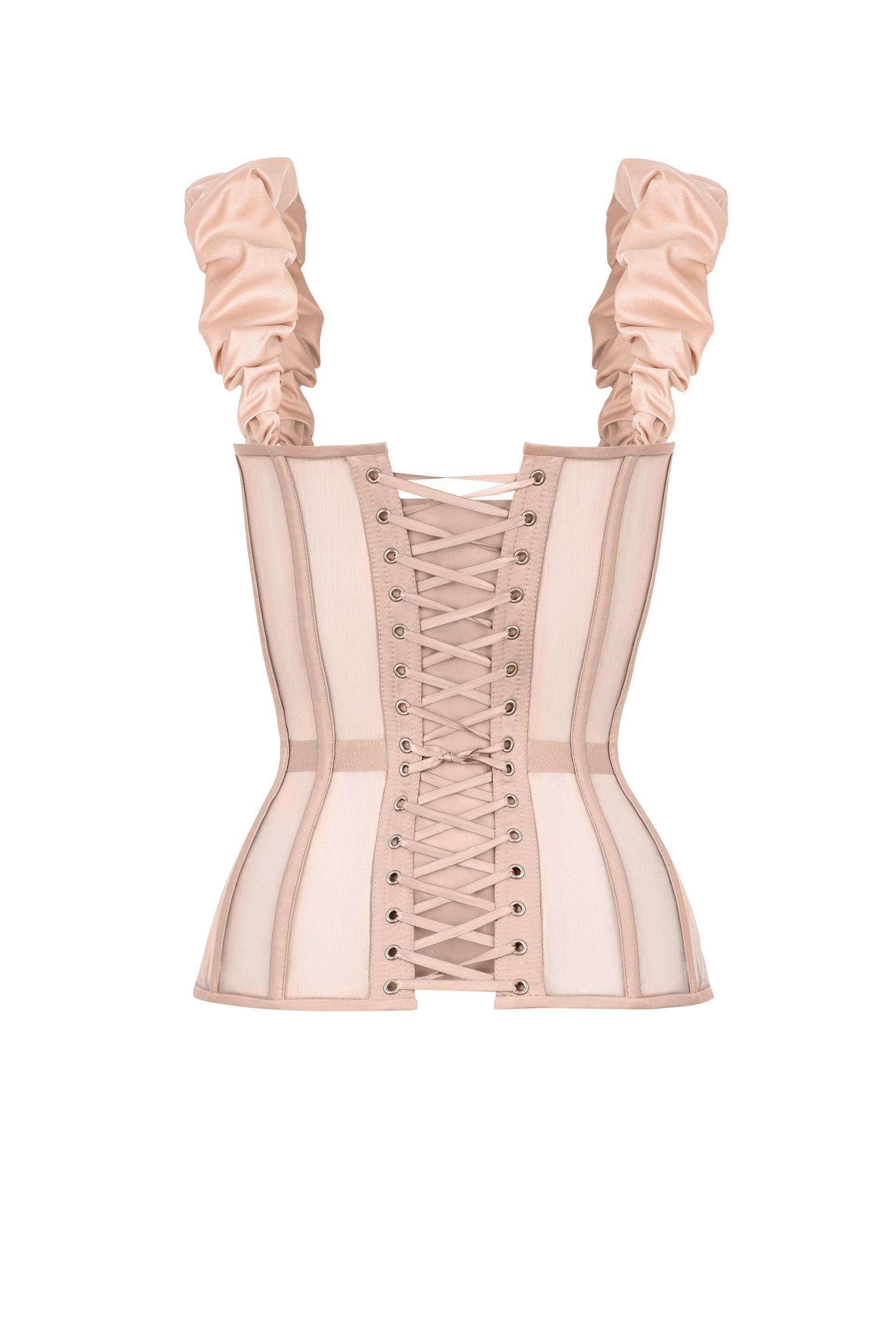 Beige satin corset with transparent back and detachable sleeves