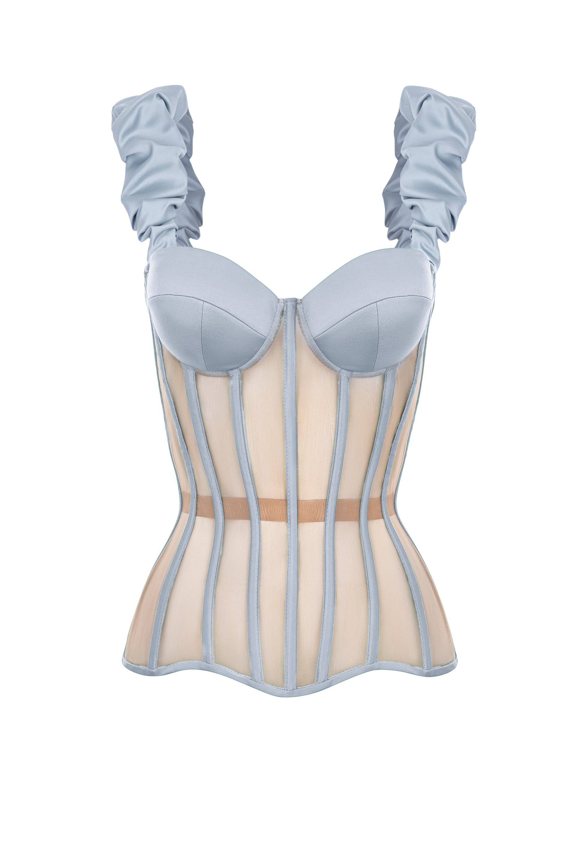 Light blue satin corset with reliefs and detachable straps