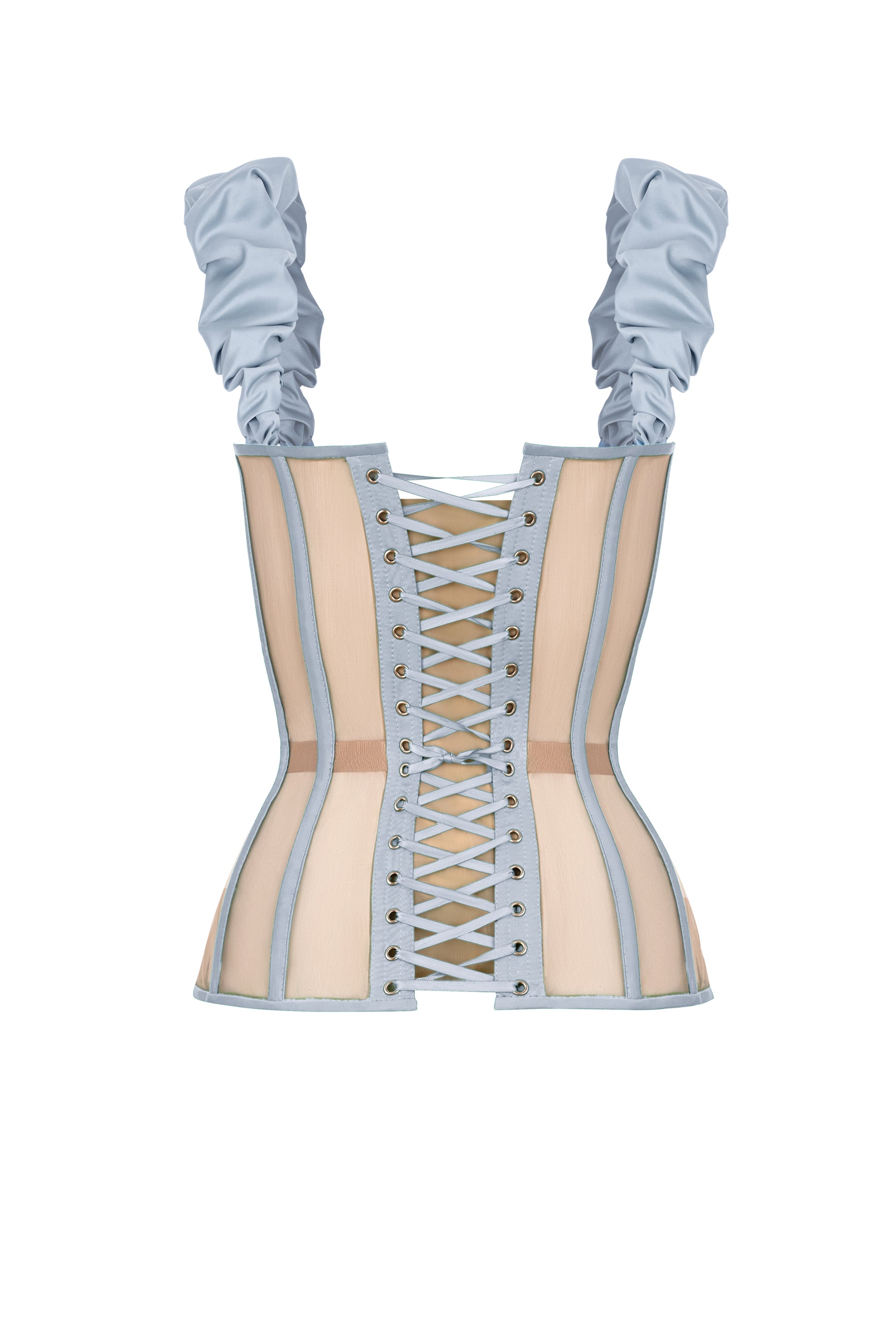 Light blue satin corset with reliefs and detachable straps