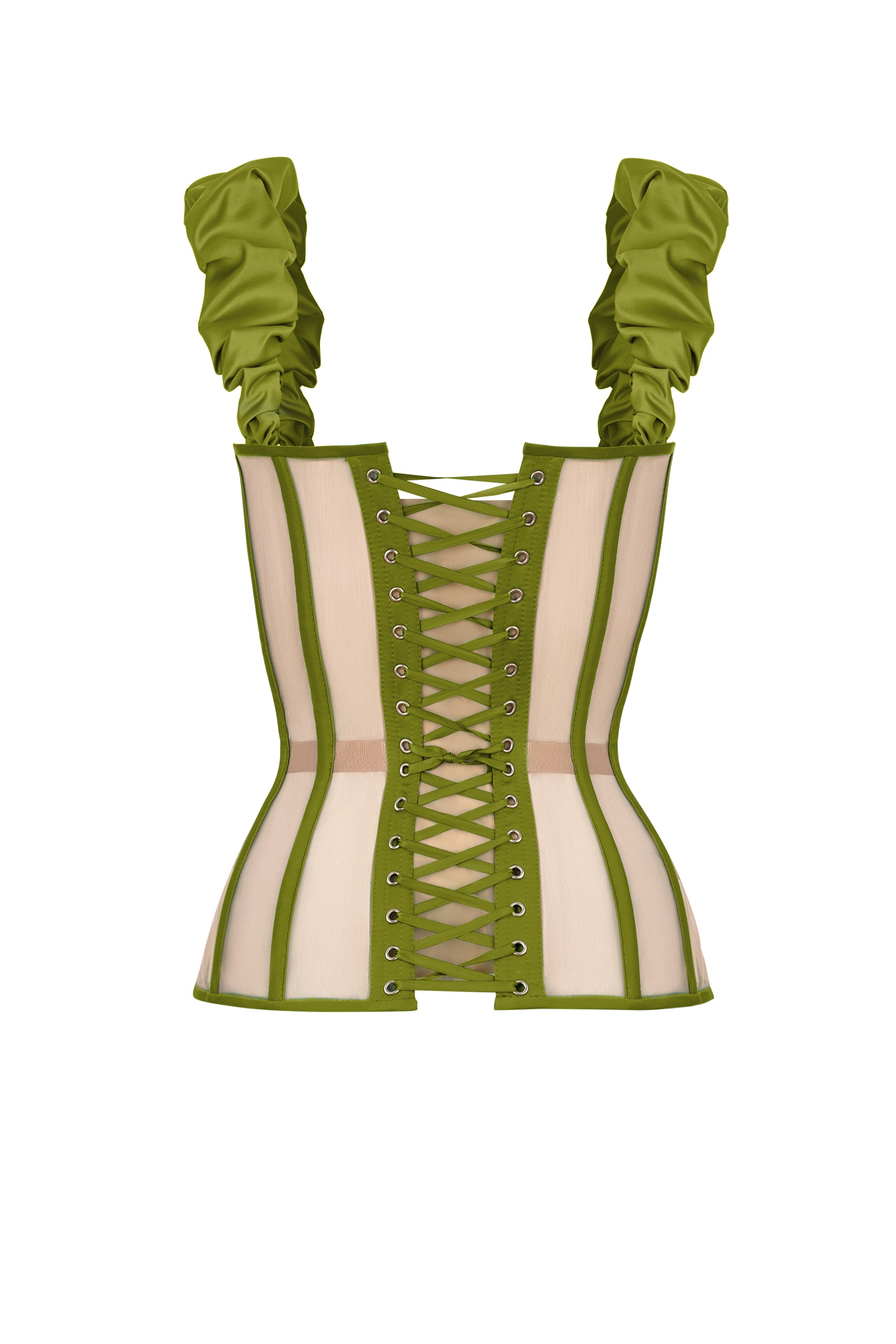 Olive satin corset with reliefs and detachable straps