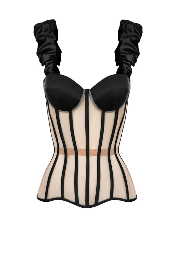 Black corset with reliefs and detachable straps