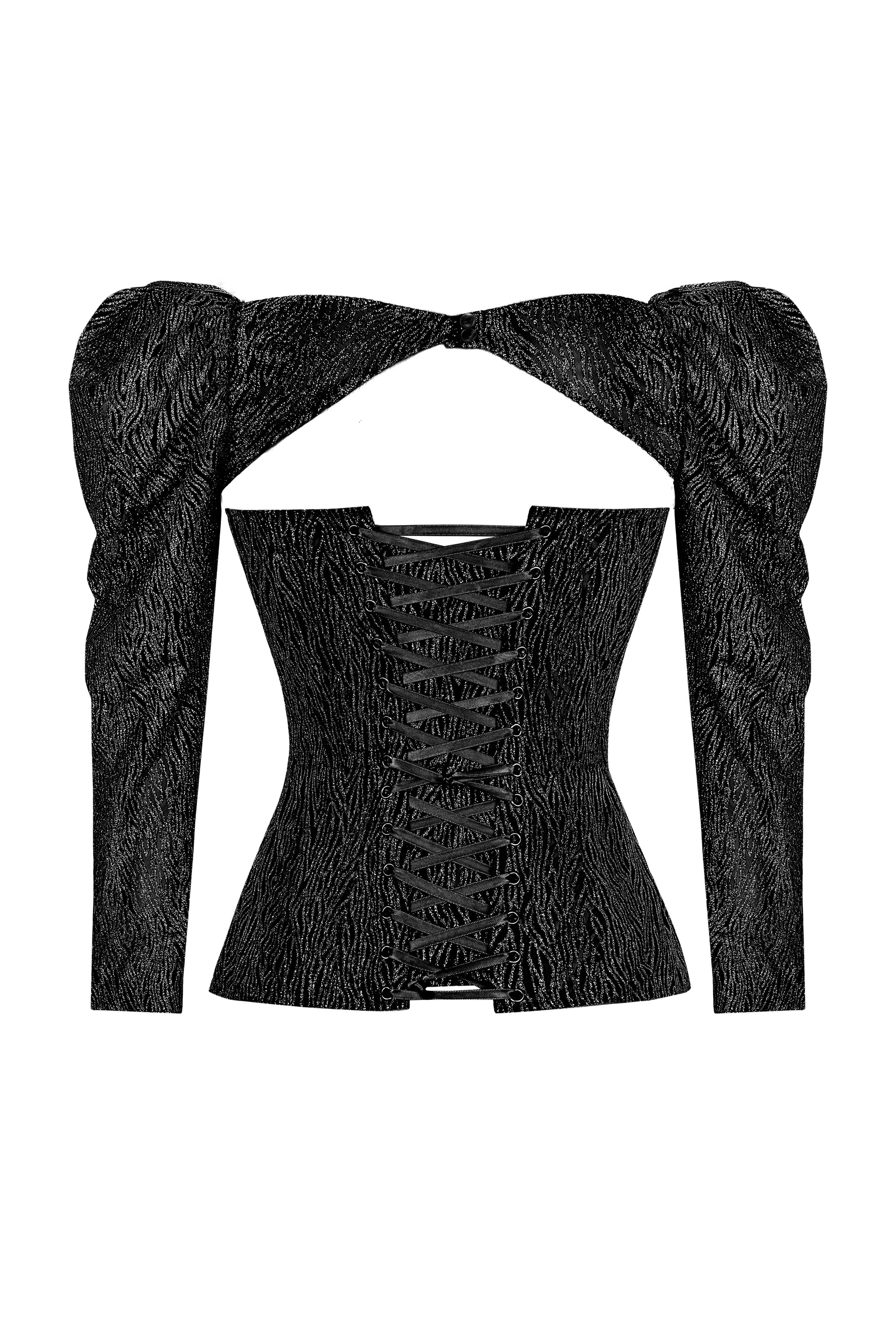 Shiny black wave corset with detachable sleeves
